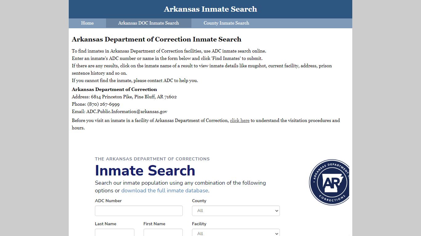Arkansas Department of Correction Inmate Search